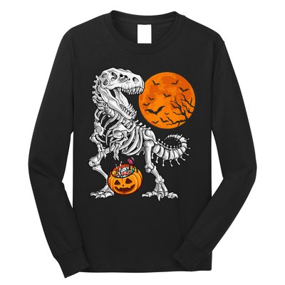 Halloween Dinosaur Skeleton T Rex Scary Pumpkin Moon Long Sleeve Shirt