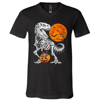 Halloween Dinosaur Skeleton T Rex Scary Pumpkin Moon V-Neck T-Shirt