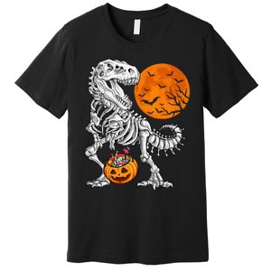 Halloween Dinosaur Skeleton T Rex Scary Pumpkin Moon Premium T-Shirt