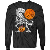 Halloween Dinosaur Skeleton T Rex Scary Pumpkin Moon Tie-Dye Long Sleeve Shirt