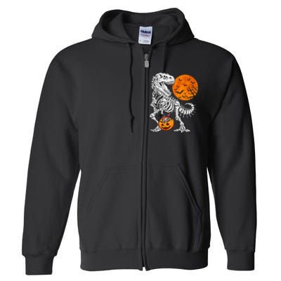 Halloween Dinosaur Skeleton T Rex Scary Pumpkin Moon Full Zip Hoodie