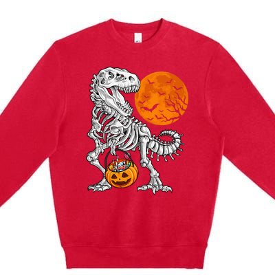 Halloween Dinosaur Skeleton T Rex Scary Pumpkin Moon Premium Crewneck Sweatshirt