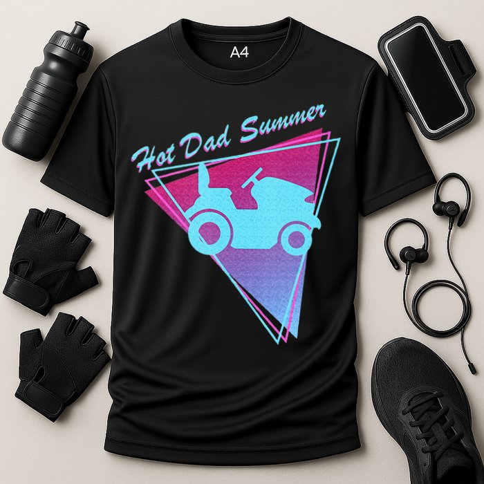 Hot Dad Summer Funny 80s Retro Riding Lawn Mower Cooling Performance Crew T-Shirt