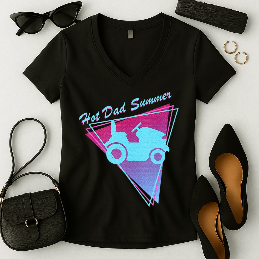 Hot Dad Summer Funny 80s Retro Riding Lawn Mower Women's V-Neck T-Shirt