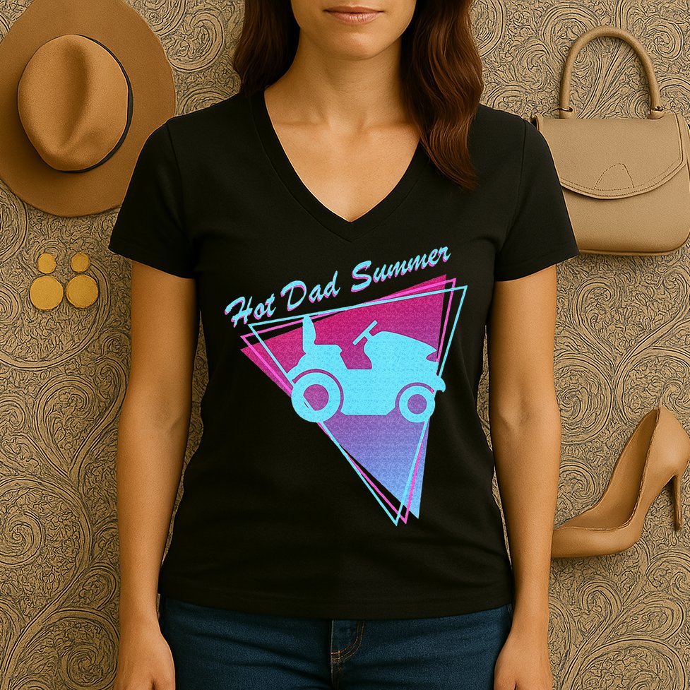 Hot Dad Summer Funny 80s Retro Riding Lawn Mower Women's V-Neck T-Shirt