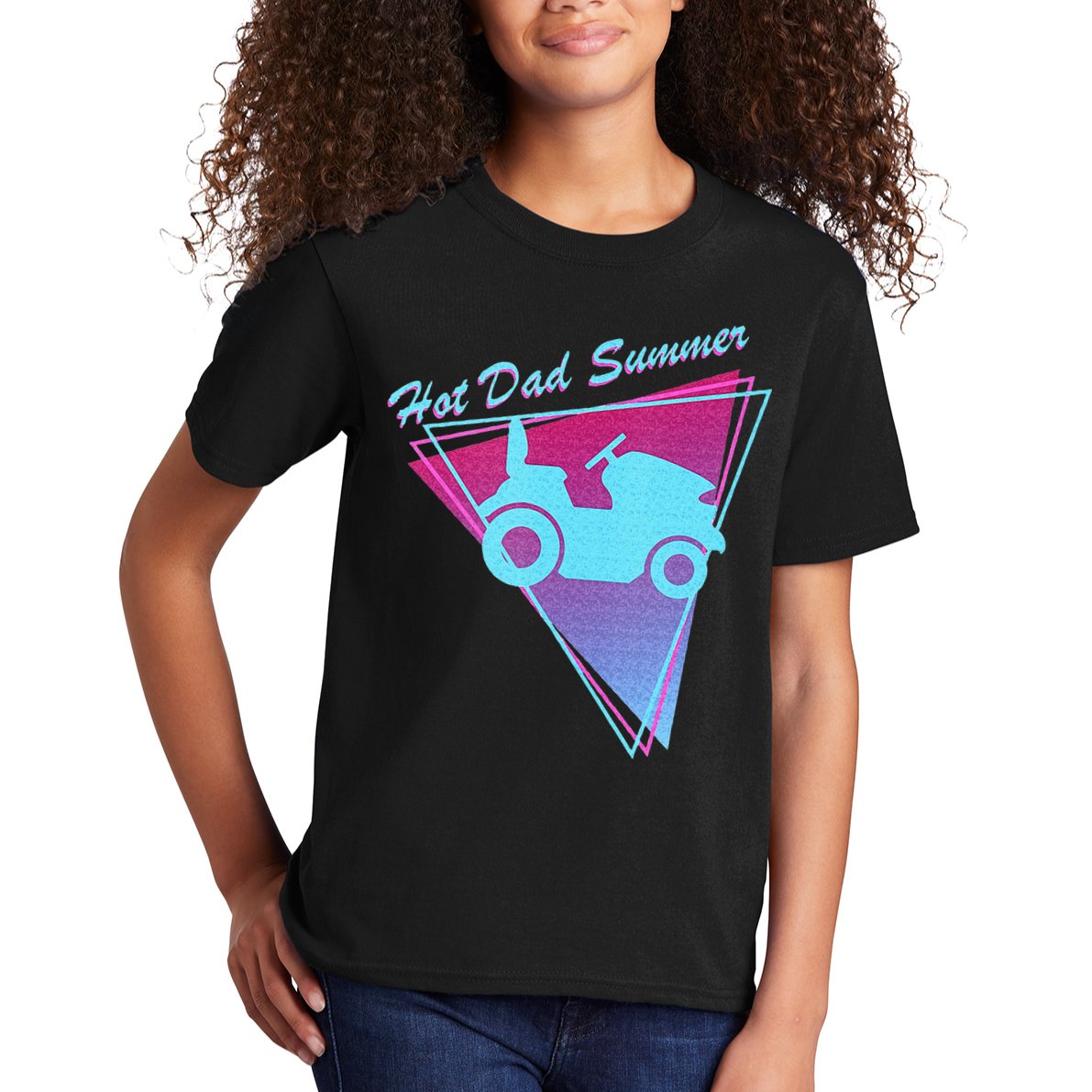 Hot Dad Summer Funny 80s Retro Riding Lawn Mower Kids T-Shirt
