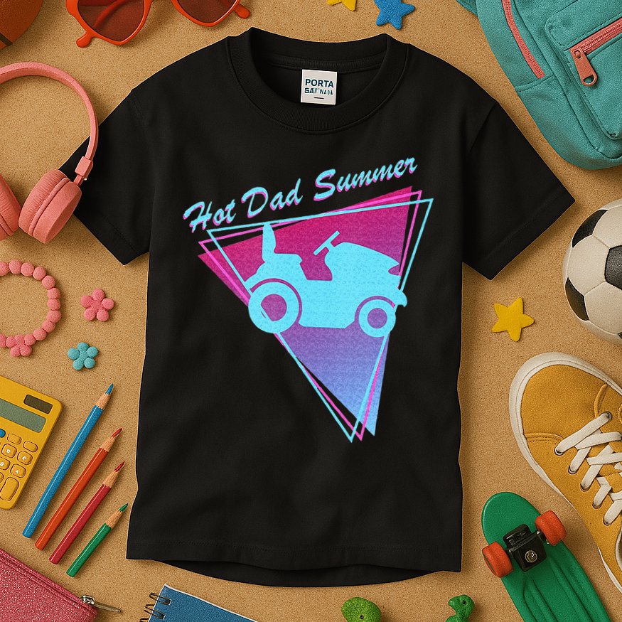 Hot Dad Summer Funny 80s Retro Riding Lawn Mower Kids T-Shirt
