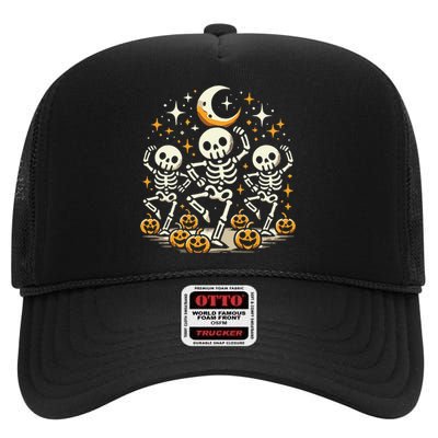 Happy Dancing Skeleton Halloween Pumpkin Fall Gift High Crown Mesh Back Trucker Hat