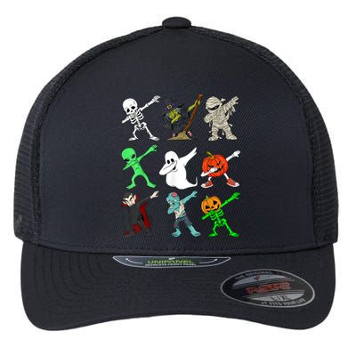 Halloween Dabbing Skeleton Witch And Monsters Flexfit Unipanel Trucker Cap