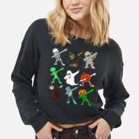 Halloween Dabbing Skeleton Witch And Monsters Cropped Pullover Crew