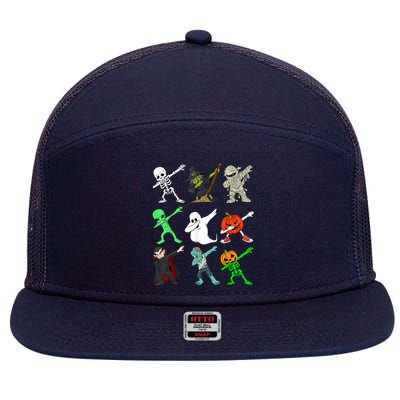 Halloween Dabbing Skeleton Witch And Monsters 7 Panel Mesh Trucker Snapback Hat