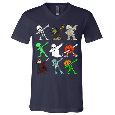 Halloween Dabbing Skeleton Witch And Monsters V-Neck T-Shirt