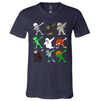 Halloween Dabbing Skeleton Witch And Monsters V-Neck T-Shirt