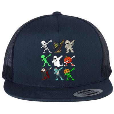 Halloween Dabbing Skeleton Witch And Monsters Flat Bill Trucker Hat