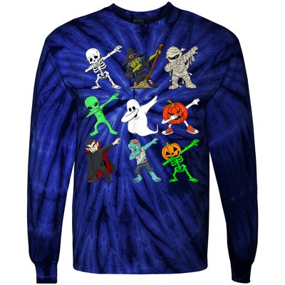 Halloween Dabbing Skeleton Witch And Monsters Tie-Dye Long Sleeve Shirt