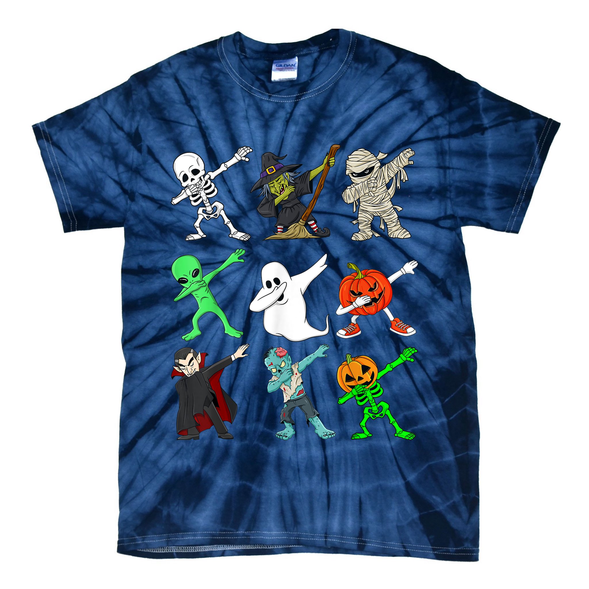 Halloween Dabbing Skeleton Witch And Monsters Tie-Dye T-Shirt