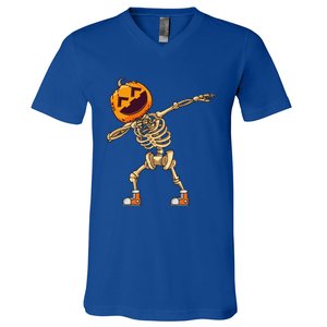 Halloween Dabbing Skeleton Pumpkin Head Dance Dab Gift V-Neck T-Shirt