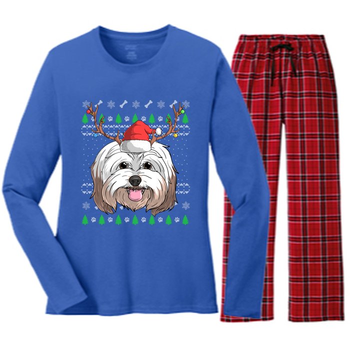 Havanese Dog Santa Claus Hat Ugly Christmas Xmas Reindeer Gift Women's Long Sleeve Flannel Pajama Set 