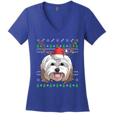 Havanese Dog Santa Claus Hat Ugly Christmas Xmas Reindeer Gift Women's V-Neck T-Shirt