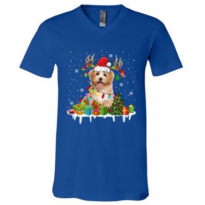 Havanese Dog Santa Reindeer Funny Christmas Lights Dog Meaningful Gift V-Neck T-Shirt