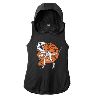 Halloween Dinosaur Skeleton T Rex Scary Pumpkin Moon Ladies PosiCharge Tri-Blend Wicking Draft Hoodie Tank