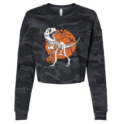 Halloween Dinosaur Skeleton T Rex Scary Pumpkin Moon Cropped Pullover Crew