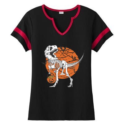 Halloween Dinosaur Skeleton T Rex Scary Pumpkin Moon Ladies Halftime Notch Neck Tee