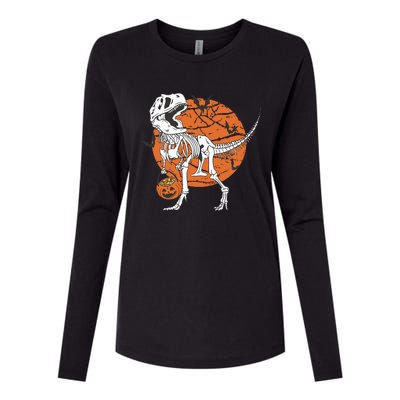 Halloween Dinosaur Skeleton T Rex Scary Pumpkin Moon Womens Cotton Relaxed Long Sleeve T-Shirt