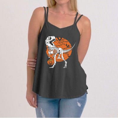 Halloween Dinosaur Skeleton T Rex Scary Pumpkin Moon Women's Strappy Tank