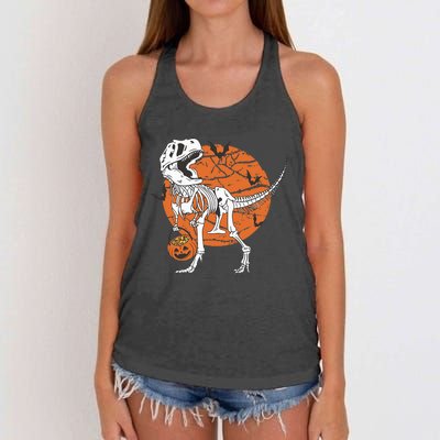 Halloween Dinosaur Skeleton T Rex Scary Pumpkin Moon Women's Knotted Racerback Tank