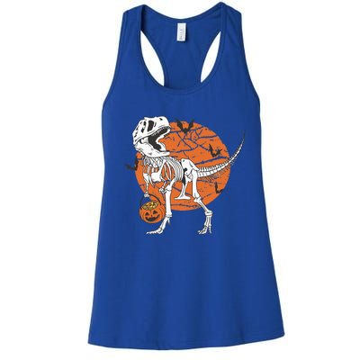 Halloween Dinosaur Skeleton T Rex Scary Pumpkin Moon Women's Racerback Tank