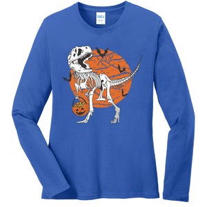 Halloween Dinosaur Skeleton T Rex Scary Pumpkin Moon Ladies Long Sleeve Shirt