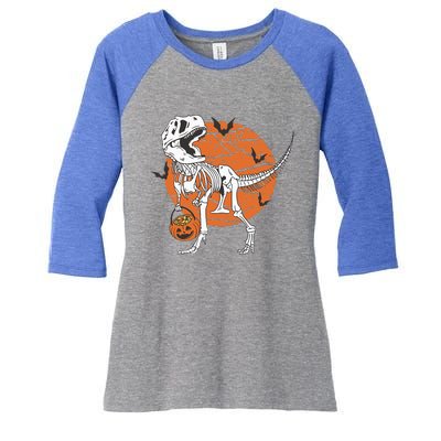 Halloween Dinosaur Skeleton T Rex Scary Pumpkin Moon Women's Tri-Blend 3/4-Sleeve Raglan Shirt