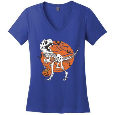 Halloween Dinosaur Skeleton T Rex Scary Pumpkin Moon Women's V-Neck T-Shirt