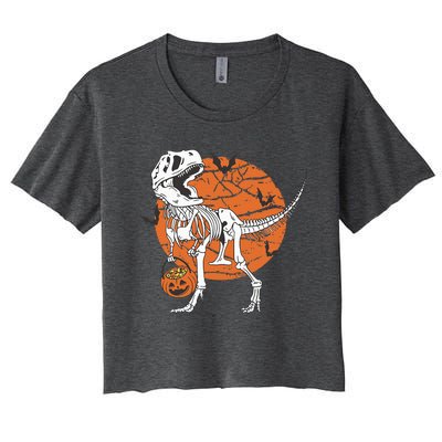 Halloween Dinosaur Skeleton T Rex Scary Pumpkin Moon Women's Crop Top Tee