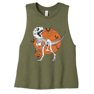 Halloween Dinosaur Skeleton T Rex Scary Pumpkin Moon Women's Racerback Cropped Tank