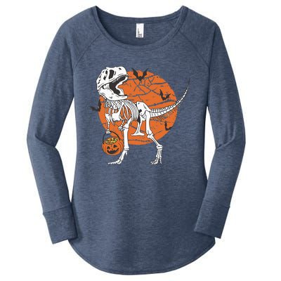 Halloween Dinosaur Skeleton T Rex Scary Pumpkin Moon Women's Perfect Tri Tunic Long Sleeve Shirt