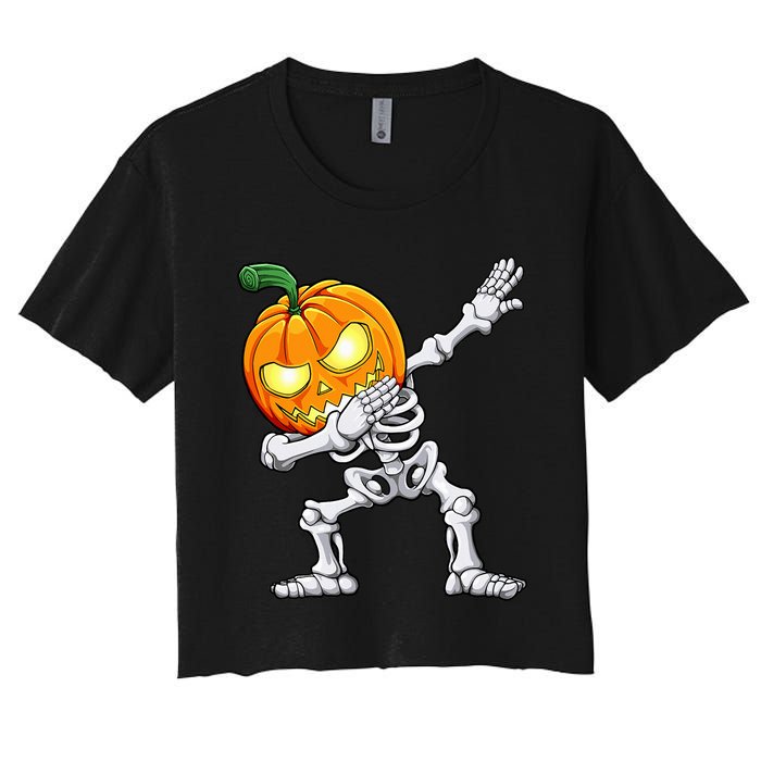 Halloween Dabbing Skeleton Scary Pumpkin Jack O Lantern Women's Crop Top Tee