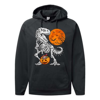 Halloween Dinosaur Skeleton T Rex Scary Pumpkin Moon Performance Fleece Hoodie