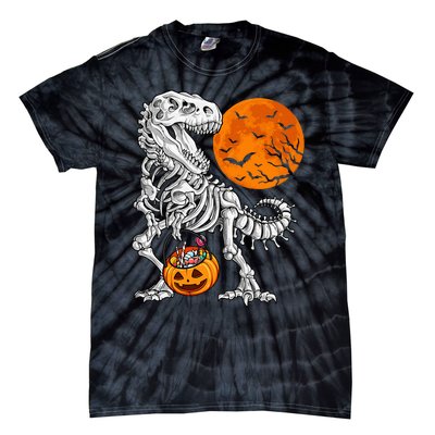 Halloween Dinosaur Skeleton T Rex Scary Pumpkin Moon Tie-Dye T-Shirt