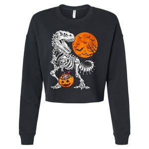 Halloween Dinosaur Skeleton T Rex Scary Pumpkin Moon Cropped Pullover Crew