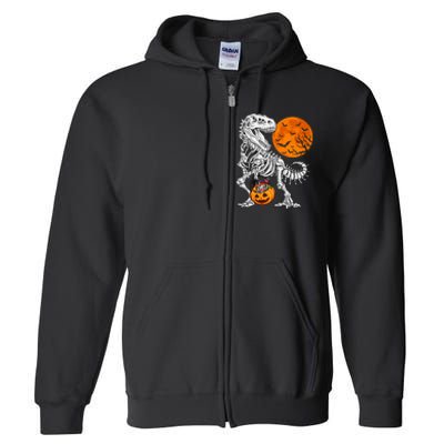 Halloween Dinosaur Skeleton T Rex Scary Pumpkin Moon Full Zip Hoodie