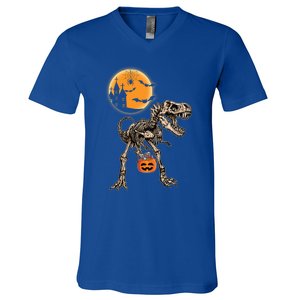 Halloween Dinosaur Skeleton T Rex Scary Pumpkin Moon Great Gift V-Neck T-Shirt