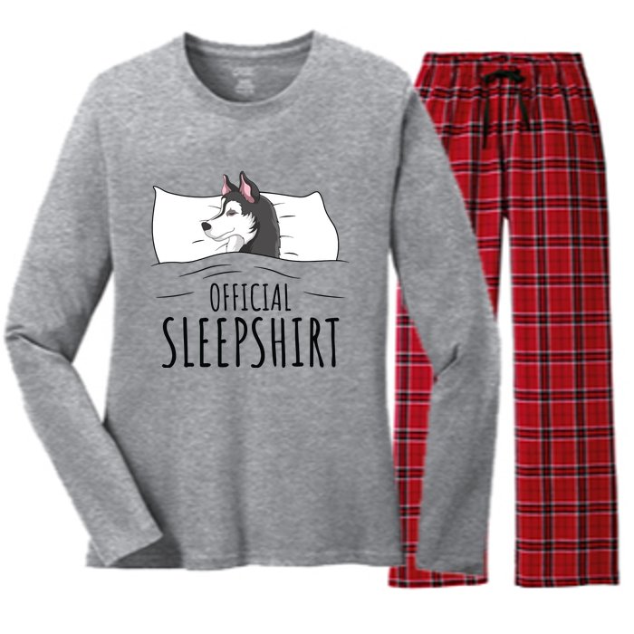 Husky Dog Sleep Funny Women's Long Sleeve Flannel Pajama Set 