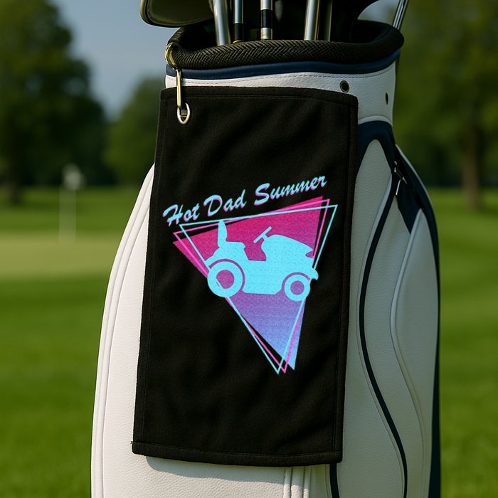 Hot Dad Summer Funny 80s Retro Riding Lawn Mower Golf Towel