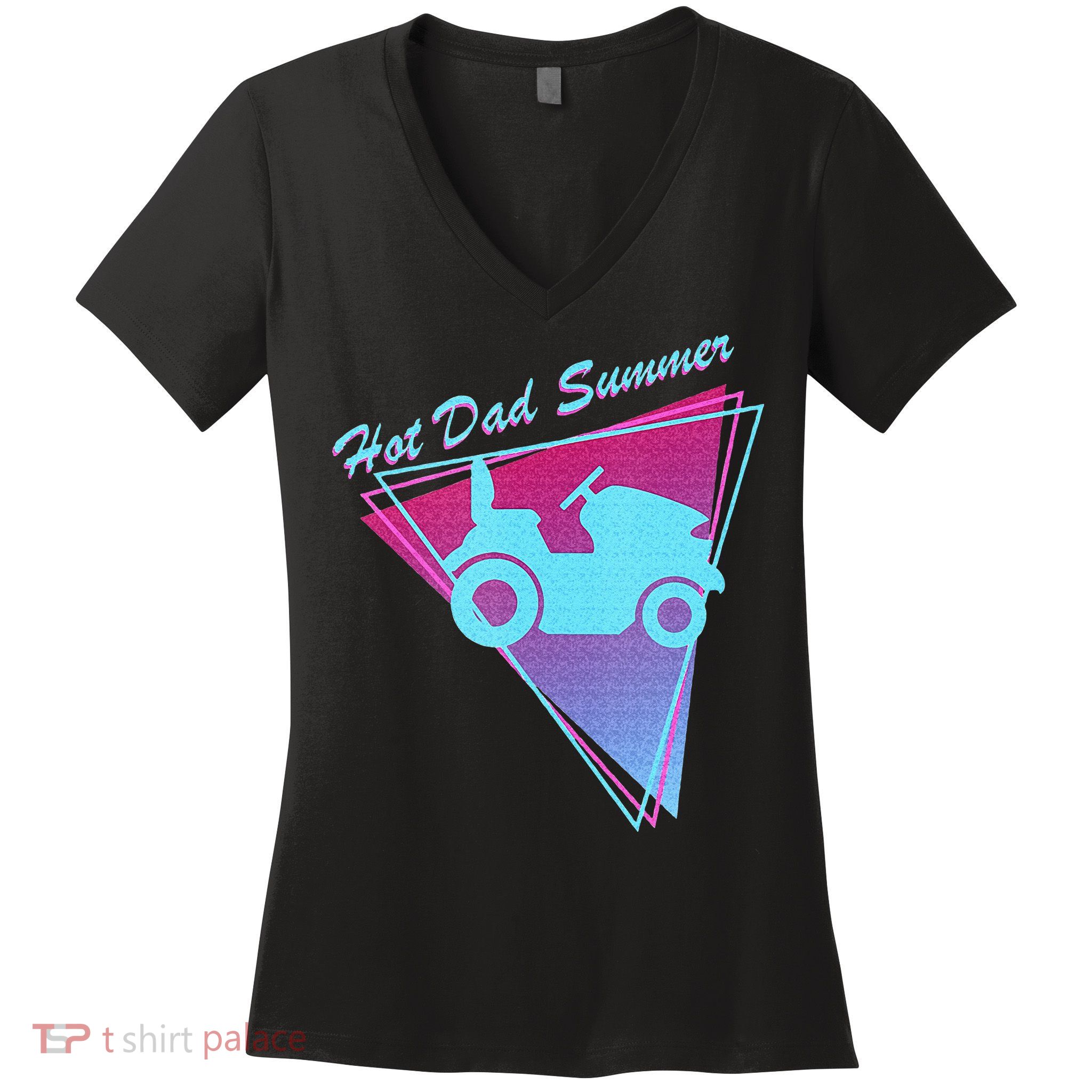 Hot Dad Summer Funny 80s Retro Riding Lawn Mower Women's V-Neck T-Shirt