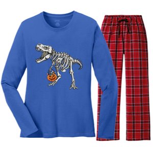 Halloween Dinosaur Skeleton T Rex Scary Pumpkin Gift Women's Long Sleeve Flannel Pajama Set 