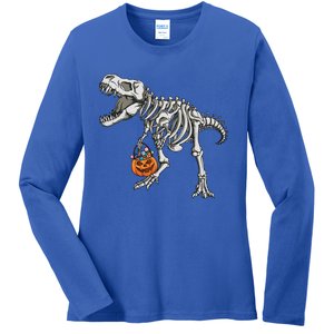 Halloween Dinosaur Skeleton T Rex Scary Pumpkin Gift Ladies Long Sleeve Shirt