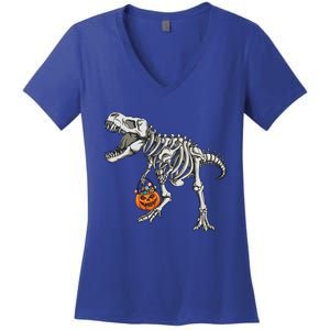 Halloween Dinosaur Skeleton T Rex Scary Pumpkin Gift Women's V-Neck T-Shirt