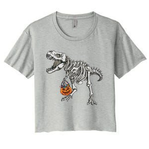 Halloween Dinosaur Skeleton T Rex Scary Pumpkin Gift Women's Crop Top Tee